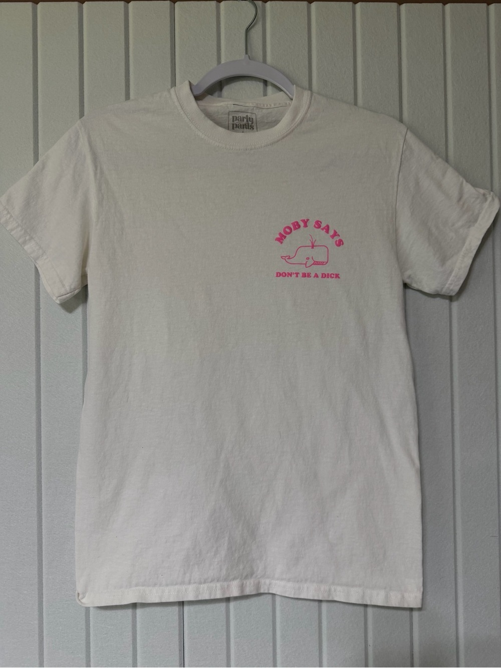 Party Pants "Moby Says" Short Sleeve Tee in White with Pink Print